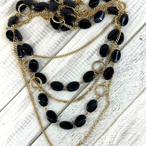 Multi Strand Necklace Gold Tone Chain Black Beaded Statement - Picture 2 of 2